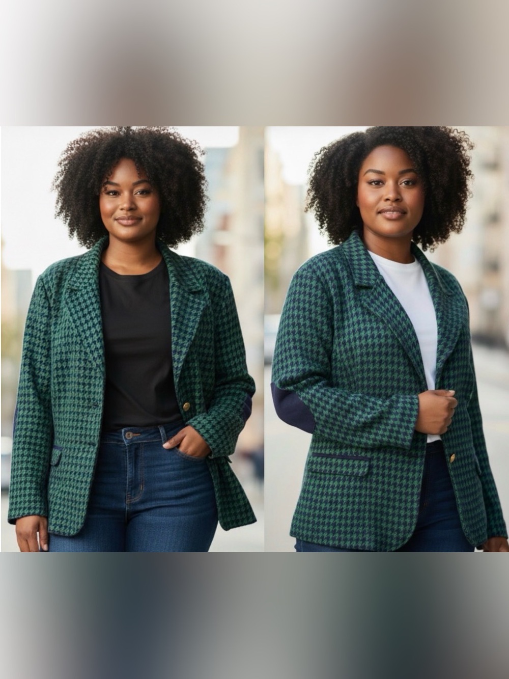 JOAN RIVERS KNIT GREEN & NAVY HOUNDSTOOTH BLAZER W ELBOW PATCHES SZ 26W